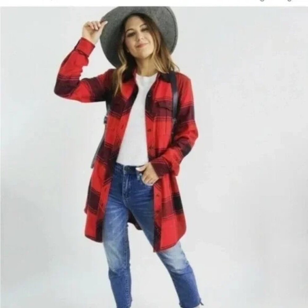 Athleta Red Black Plaid Flannel Trail To Town Shirt Dress Tunic Womens XXS